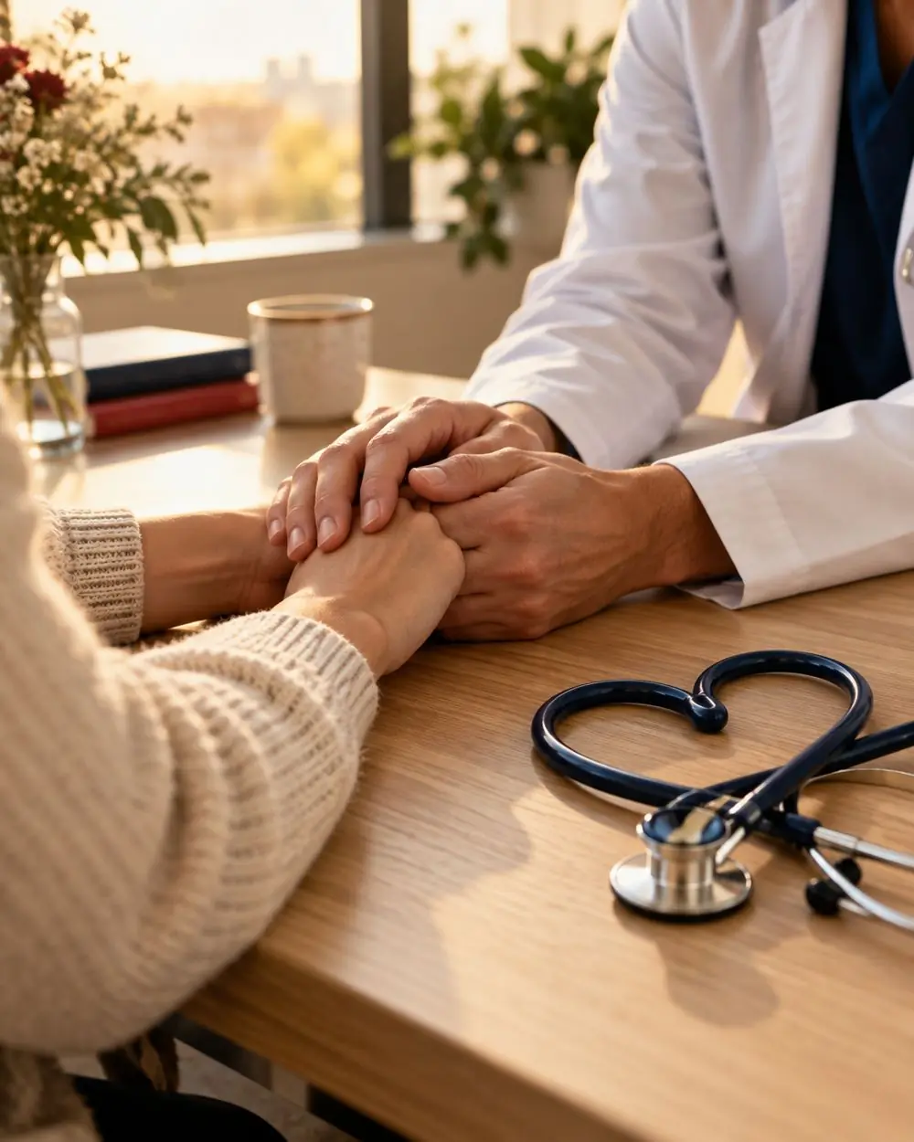 Les mains d'un médecin posées sur celles d'un patient, un stéthoscope en forme de cœur sur le bureau